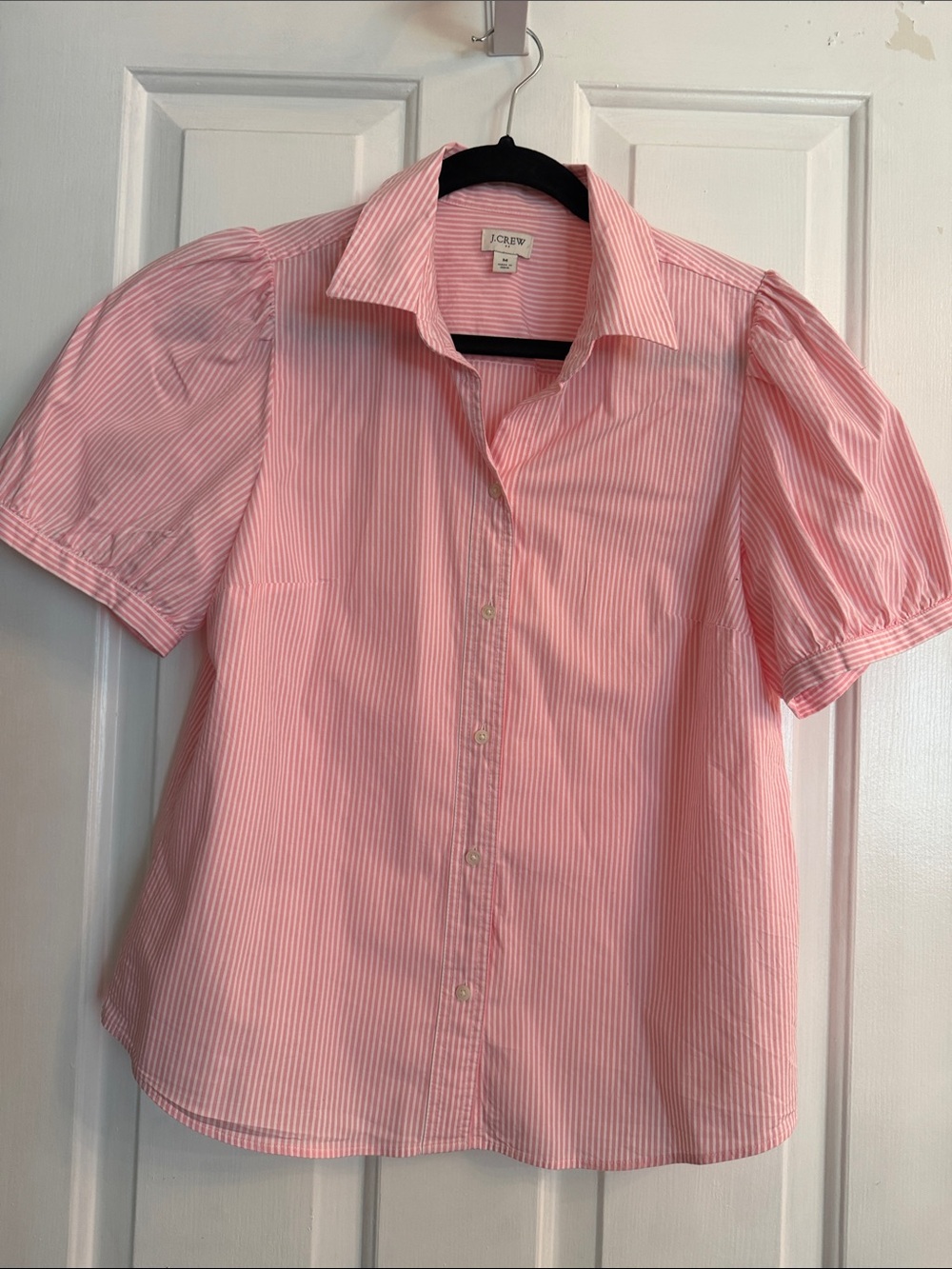 J. Crew Pink and White Striped Puff-Sleeve Button-Up Top